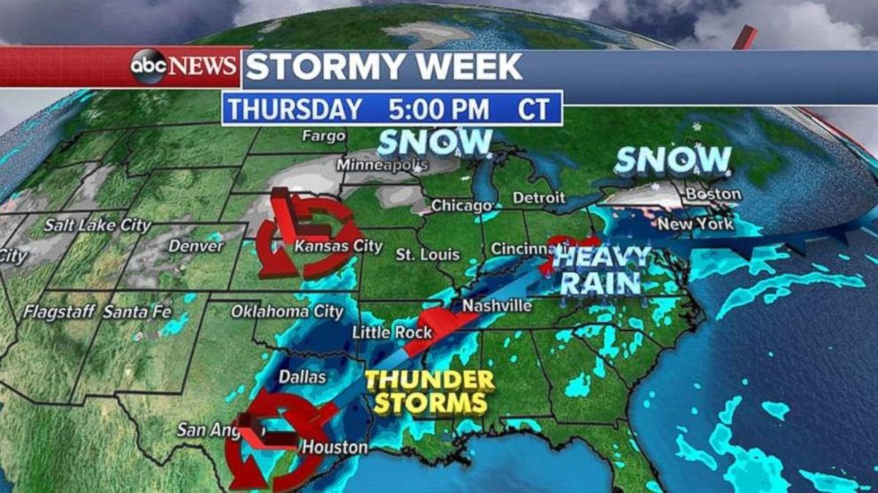 PHOTO: A storm is forecast to bring rain from Texas into Ohio Valley on Thursday evening. 
