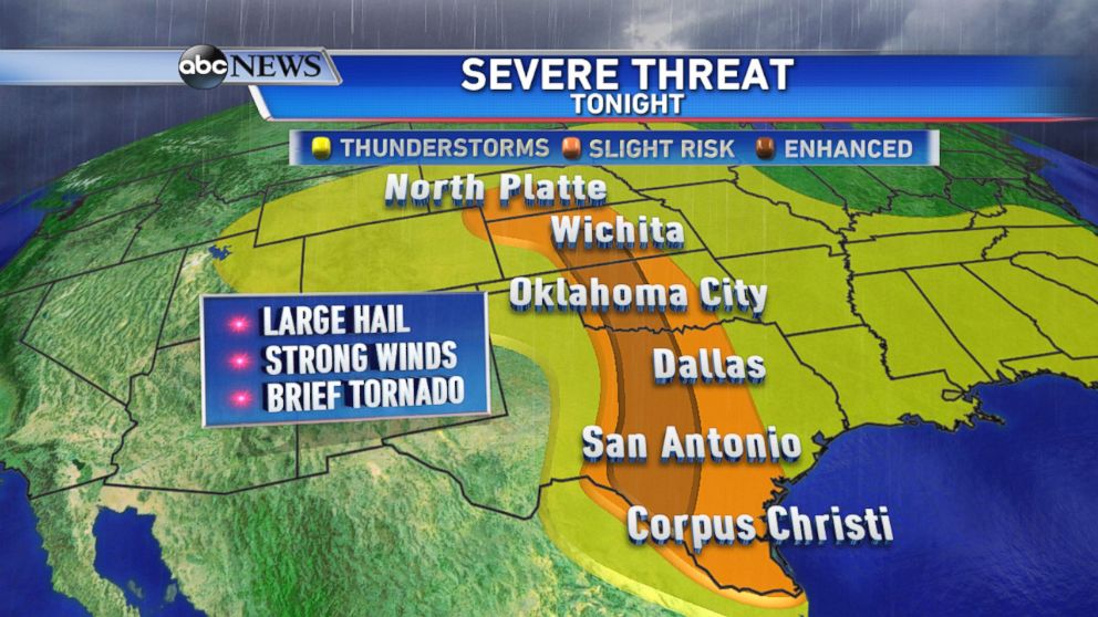 PHOTO: Saturday evening severe thunderstorms stretch from central Texas up to Nebraska.