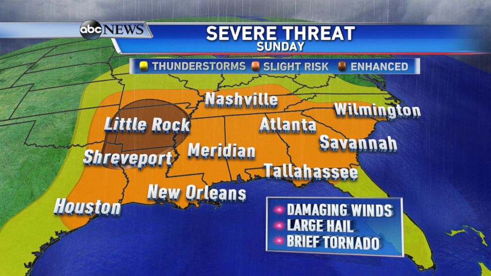 PHOTO: Sunday's threat for severe weather impacts Americans from eastern Texas to the Carolinas.