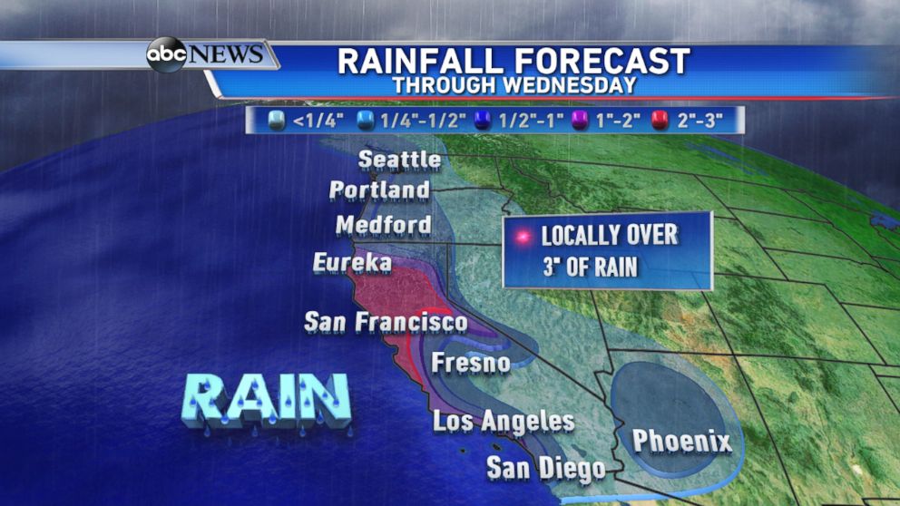PHOTO: Expected rainfall totals through Wednesday show the highest totals focusing over northern half of California.