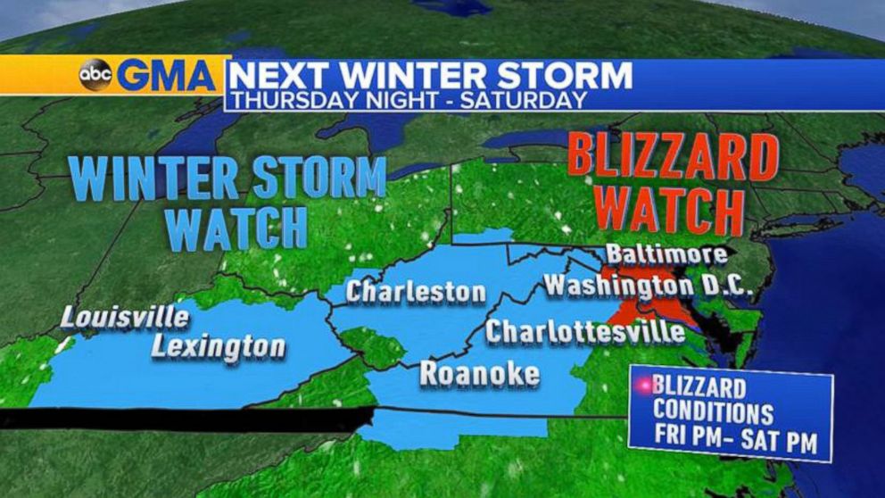 PHOTO:A graphic shows winter storm and blizzard watch areas predicted for Thursday night into Saturday.  