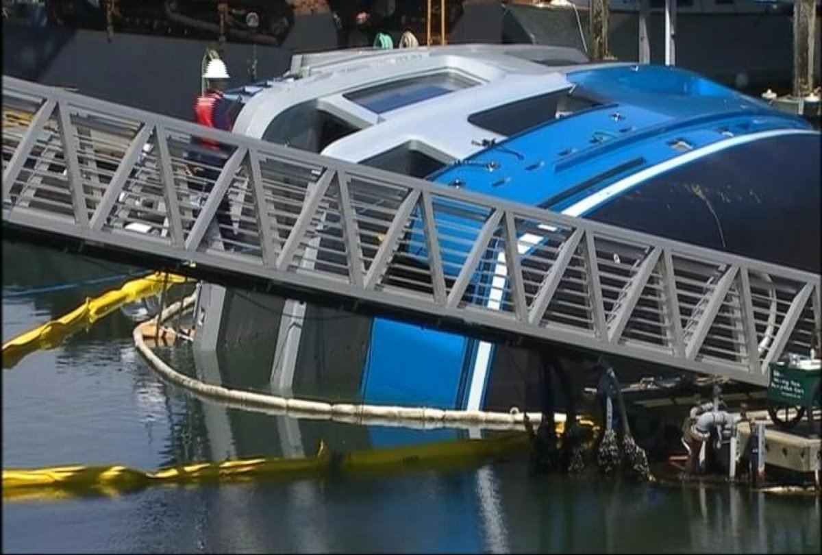 PHOTO: An 85-foot-long yacht overturned while it was being launched at an Anacortes, Wash., May 18, 2014.