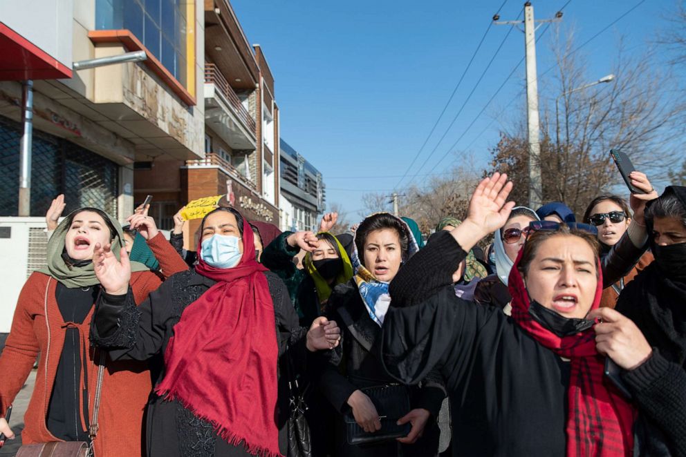 PHOTO: Afghan women protest against new Taliban ban on women accessing University Education on Dec. 22, 2022 in Kabul, Afghanistan.