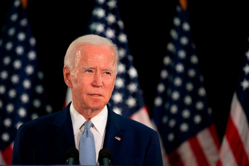 PHOTO: Presumptive Democratic presidential nominee and former Vice President Joe Biden speaks at Delaware State Universitys student center in Dover, Delaware, on June 5, 2020. via Getty Images)