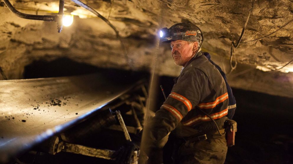PHOTO: Scott Tiller, a coal miner of 32 years, looks over a belt moving coal out of an underground mine in Welch, W.Va on May 11, 2016.