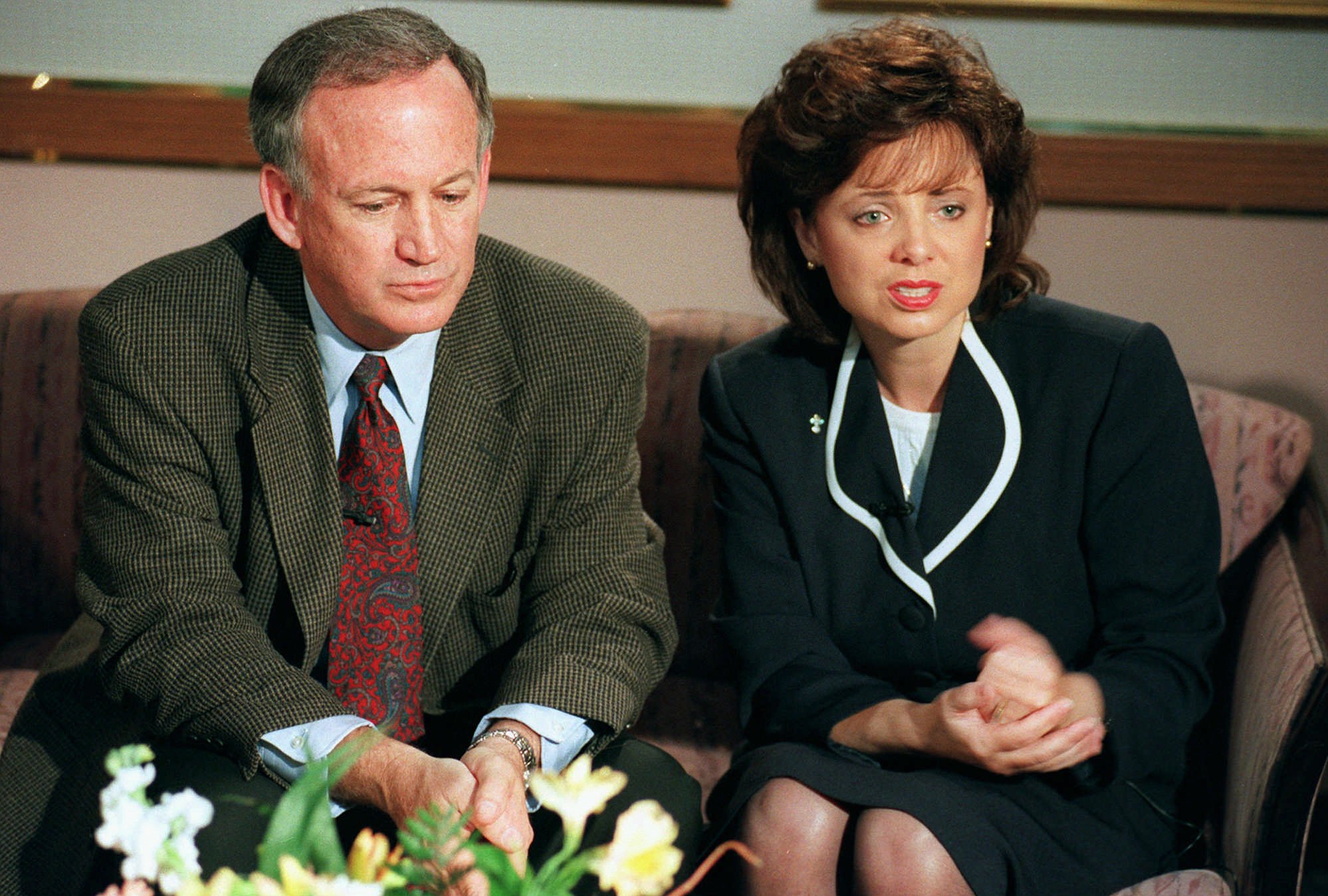 PHOTO: John and Patsy Ramsey is shown meeting reporters on May 1, 1997, in Boulder, Colorado. The couple were interviewed by the police Wednesday and talked to reporters about the murder of their 6-year-old daughter JonBenet Ramsey.