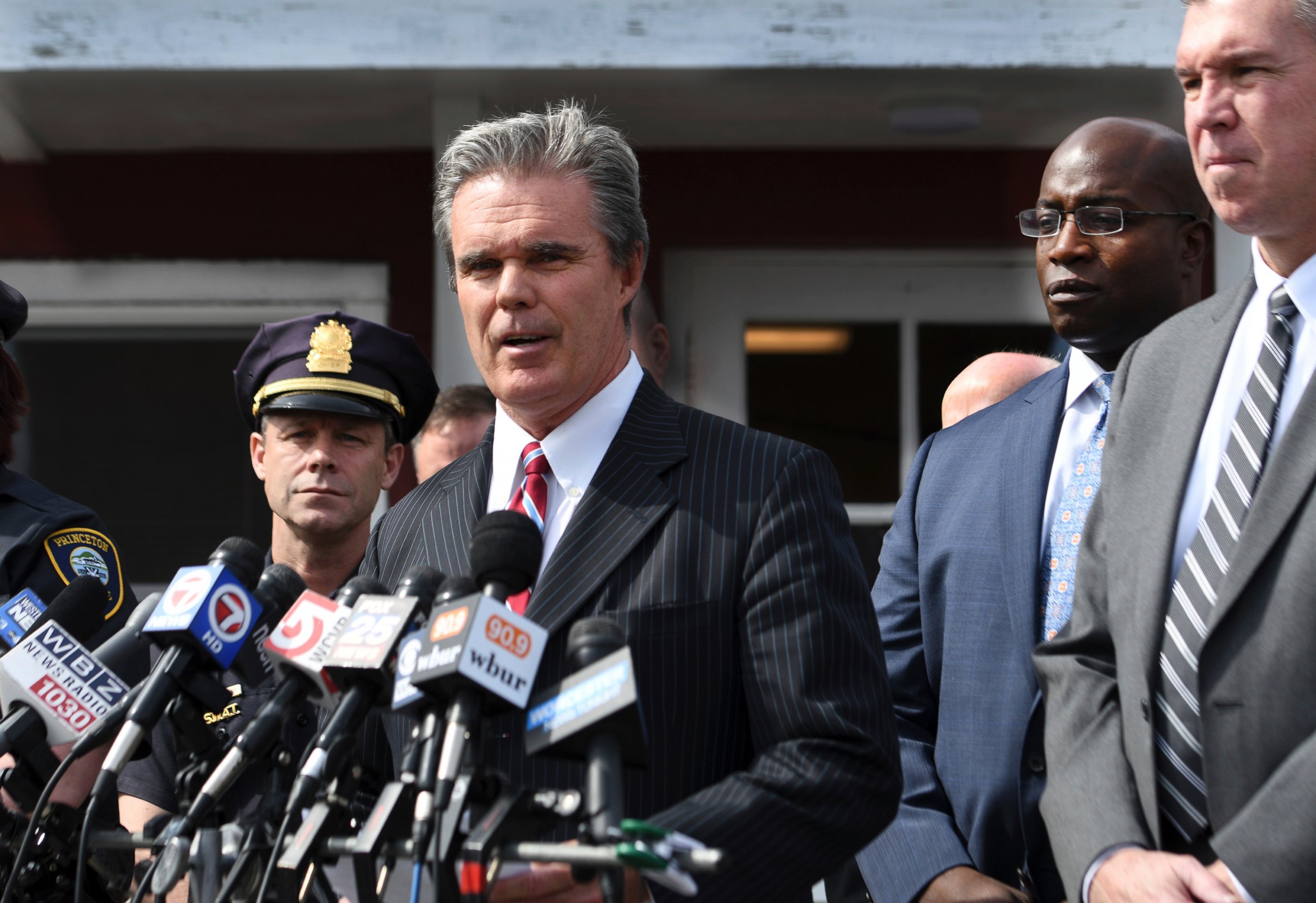 PHOTO: Worcester County District Attorney Joseph Early Jr. speaks to media outside the police department in Princeton, Mass., on April 15, 2017, about the arrest of a man in connection to death of Vanessa Marcotte. 