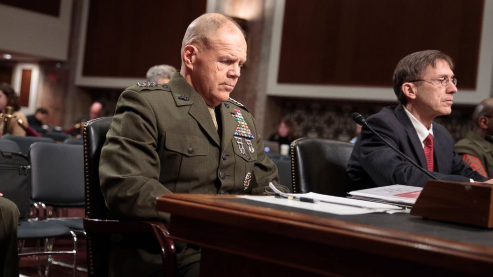PHOTO: Marine Corps Commandant Gen. Robert B. Neller, left, and Acting Navy Secretary Sean J. Stackley, prepare to testify on Capitol Hill in Washington, on March, 14, 2017.