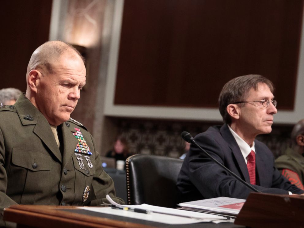 PHOTO: Marine Corps Commandant Gen. Robert B. Neller, left, and Acting Navy Secretary Sean J. Stackley, prepare to testify on Capitol Hill in Washington, on March, 14, 2017.
