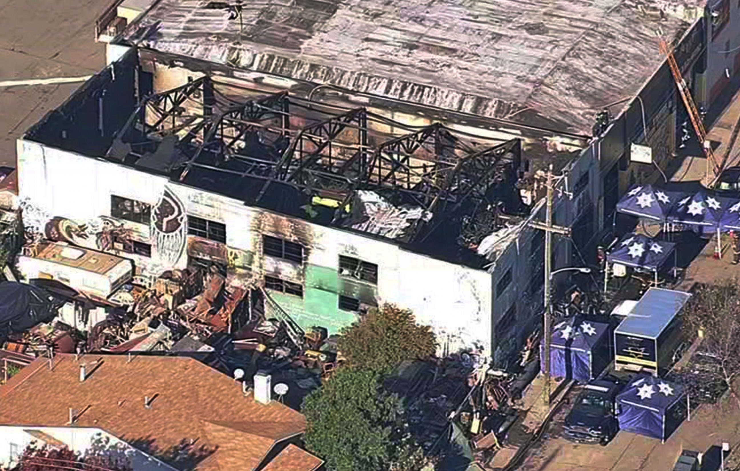 PHOTO: This image from video provided by KGO-TV shows the Ghost Ship Warehouse after a fire that started late Friday swept through the building, Dec. 3, 2016, in Oakland, California.