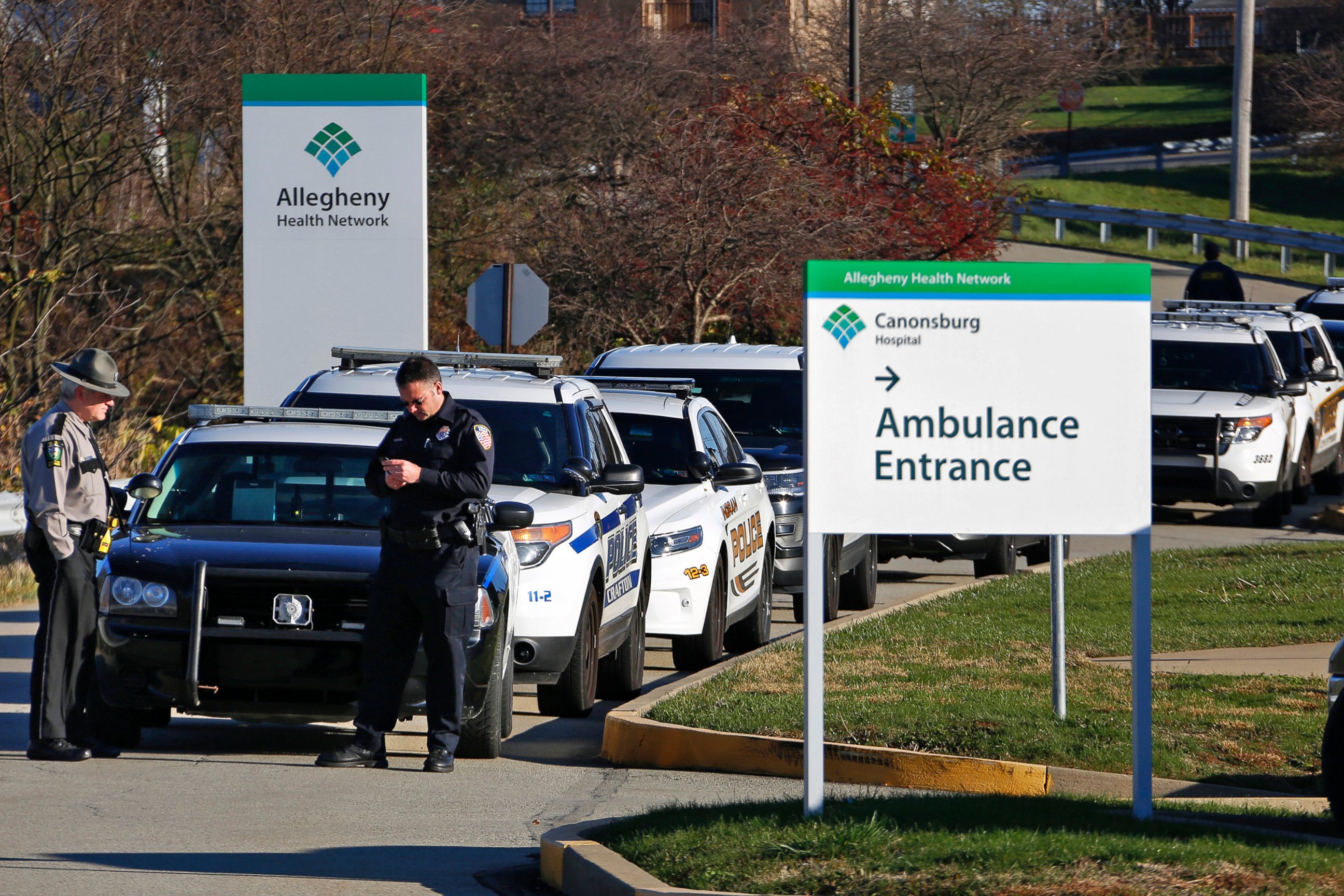 PHOTO: Police vehicles wait outside Canonsburg Hospital where a Canonsburg police officer was brought after being shot when responding to a domestic call early Thursday, Nov. 10, 2016, in Canonsburg, Pennsylvania.