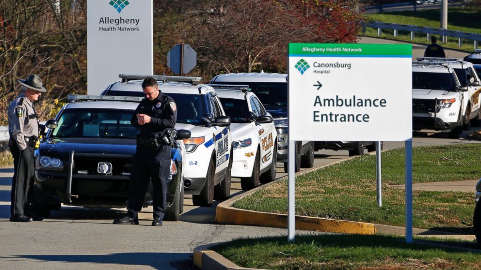 PHOTO: Police vehicles wait outside Canonsburg Hospital where a Canonsburg police officer was brought after being shot when responding to a domestic call early Thursday, Nov. 10, 2016, in Canonsburg, Pennsylvania.