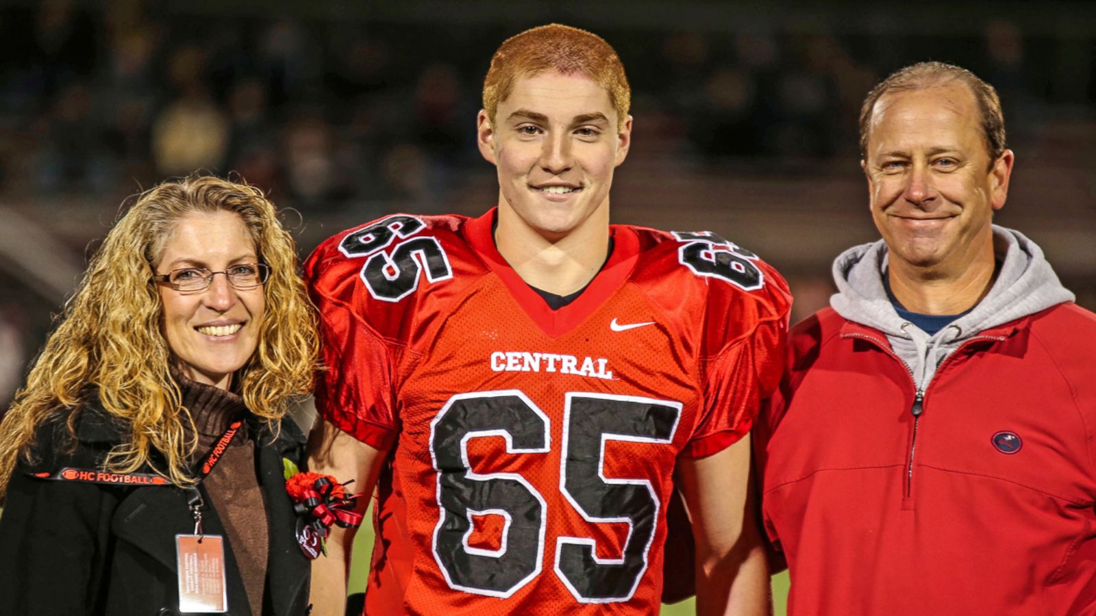 PHOTO: This Oct. 31, 2014, photo provided by Patrick Carns shows Timothy Piazza, center, with his parents Evelyn Piazza and James Piazza, during Hunterdon Central Regional High School football's "Senior Night," in Flemington, N.J.