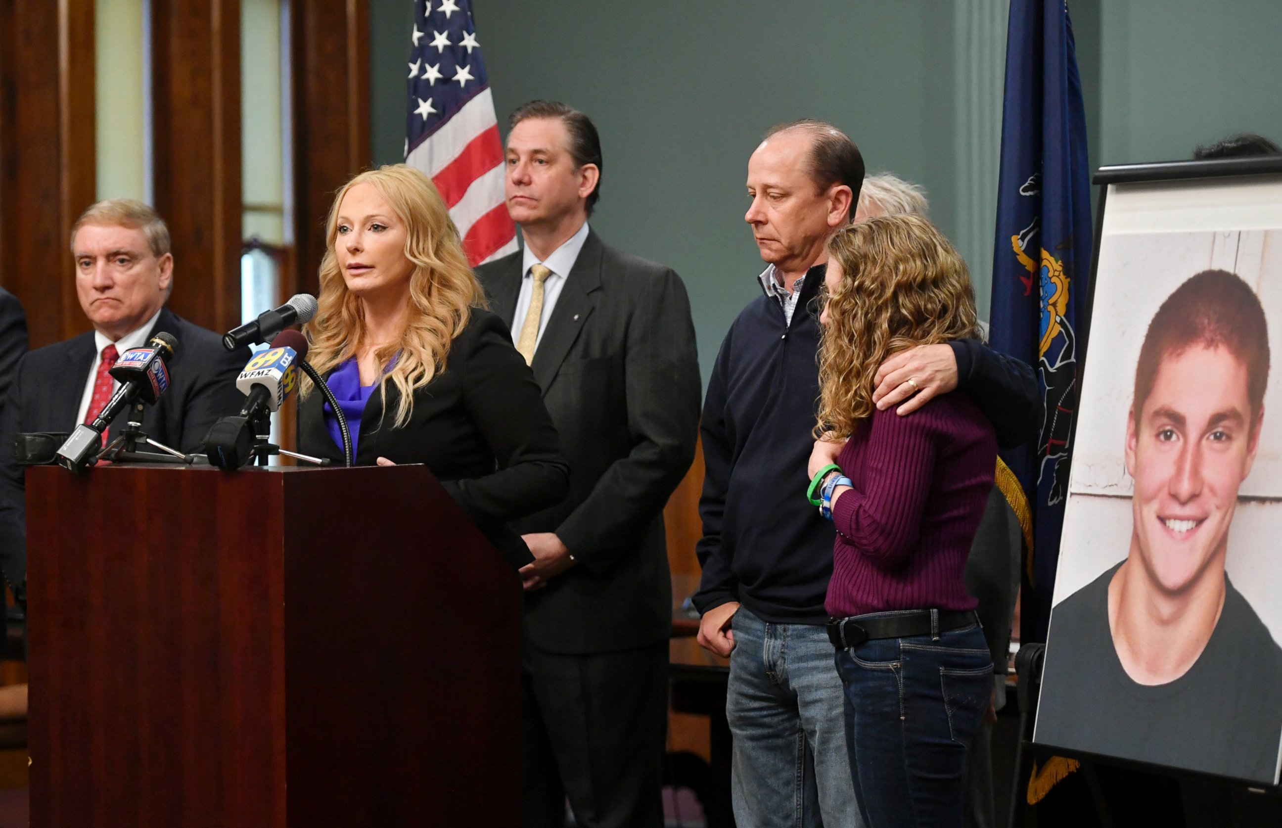 Jim and Evelyn Piazza, right, stand by as Centre County District Attorney Stacy Parks Miller, second from left, announces the results of an investigation into the death of their son Timothy Piazza during a press conference, May 5, 2017, in Bellefonte, Pa.