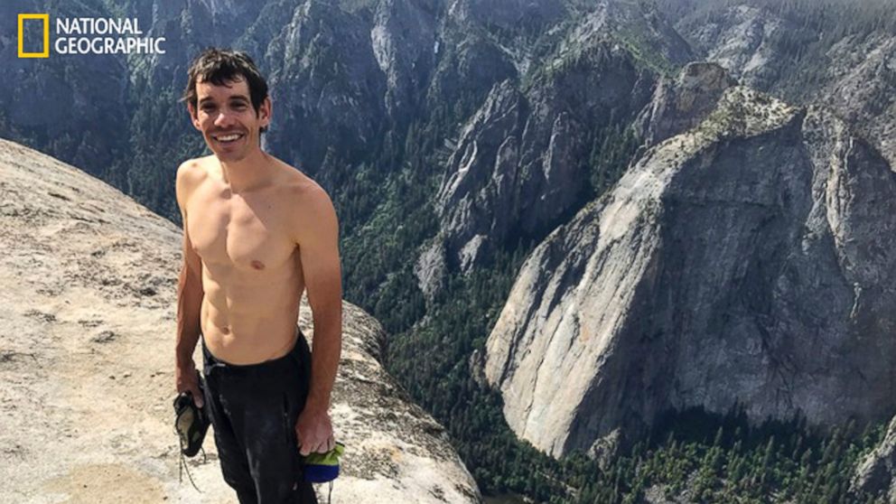 This June 3, 2017, photo provided by National Geographic shows Alex Honnold atop El Capitan in Yosemite National Park, Calif., after he became the first person to climb alone to the top of the massive granite wall without ropes or safety gear. 