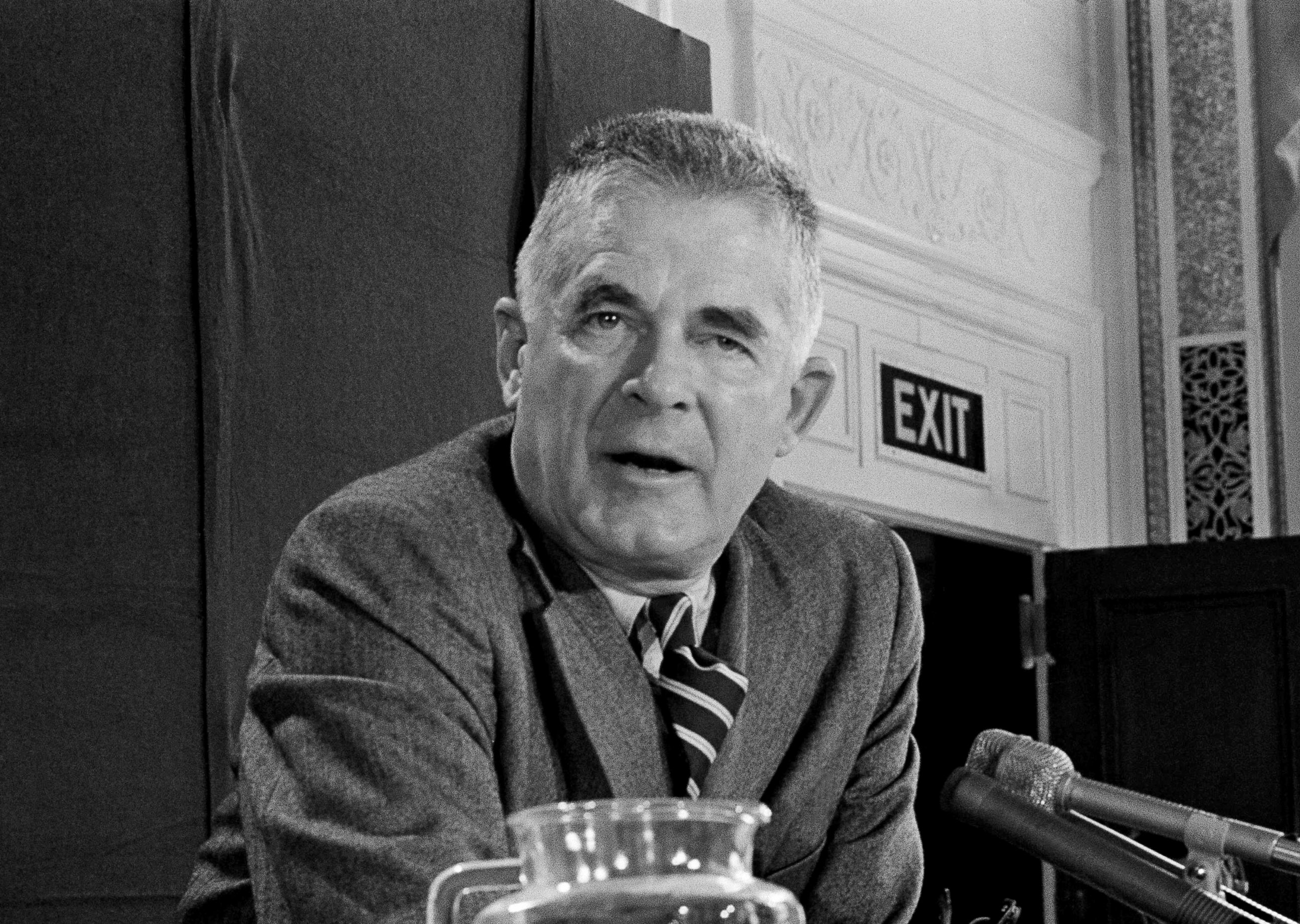 PHOTO: Special Prosecutor Archibald Cox at a news conference, Oct. 20, 1973, in Washington.