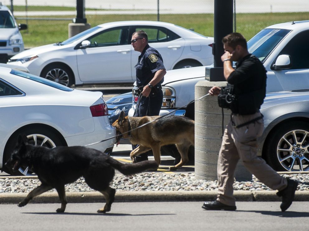 PHOTO: Police dogs search cars in a parking lot at Bishop International Airport, June 21, 2017, in Flint, Mich.