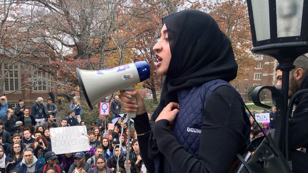 Eeman Abbasi speaks during a protest on the University of Connecticut campus against the election of Republican Donald Trump as president, Nov. 9, 2016, in Storrs, Connecticut.