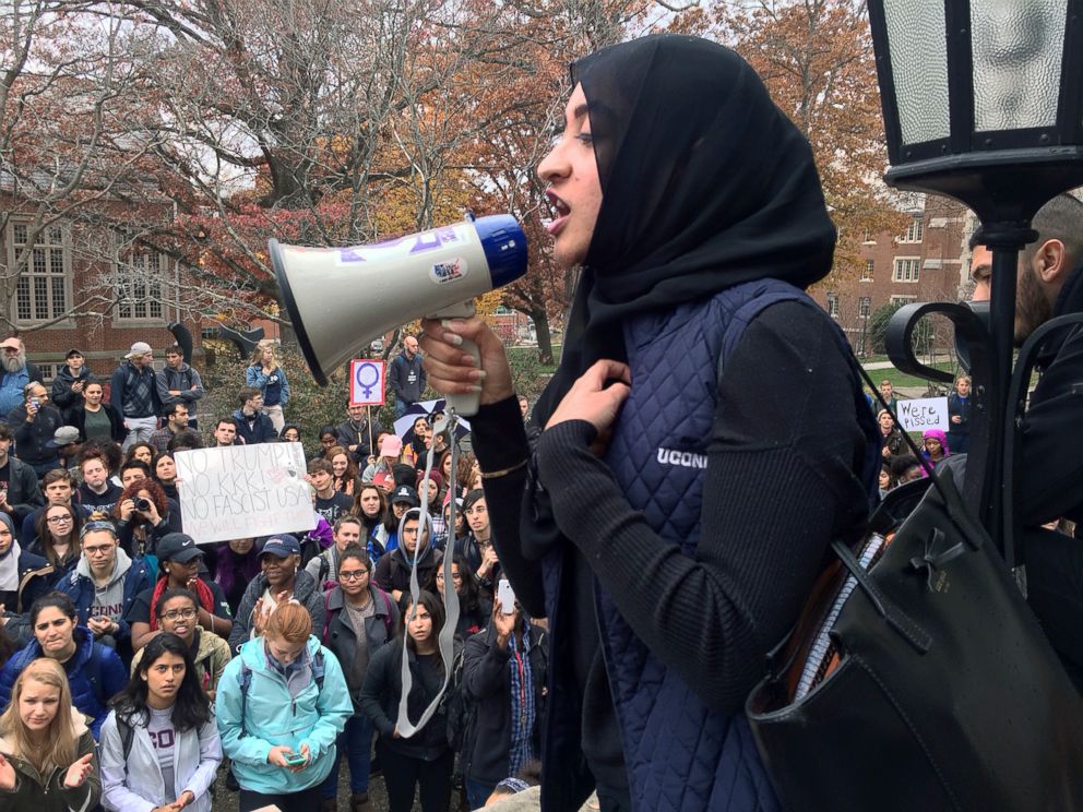 PHOTO: Eeman Abbasi speaks during a protest on the University of Connecticut campus against the election of Republican Donald Trump as president, Nov. 9, 2016, in Storrs, Connecticut.
