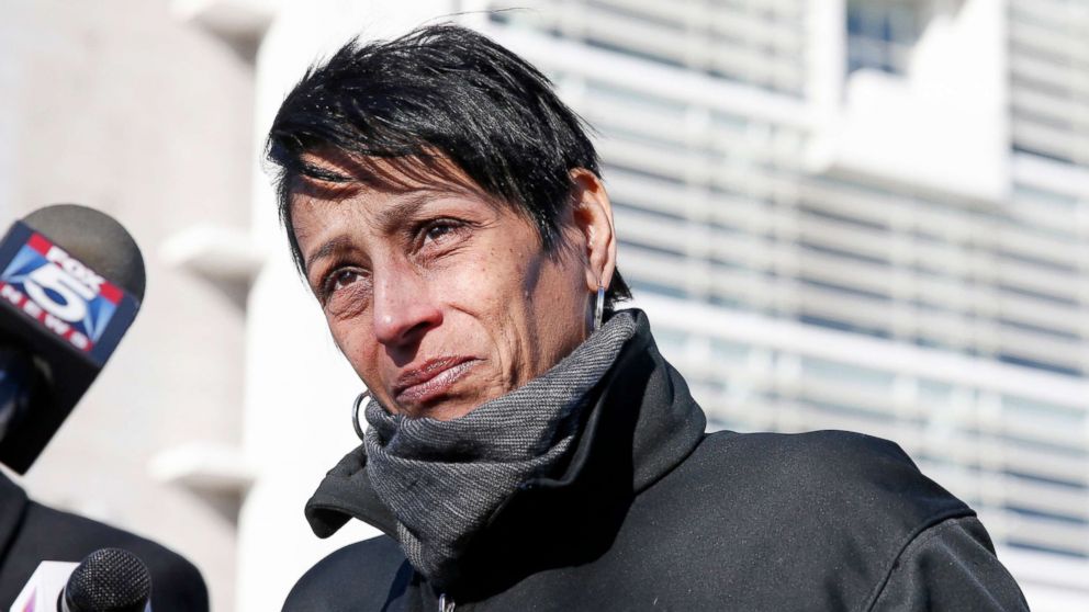 Evelyn Rodriguez, mother of Kayla Cuevas, 16, who was brutally slain in 2016, allegedly by members of the MS-13 street gang, stops to talk members of the press gathered outside U.S. District Court in Central Islip, N.Y., March 2, 2017.