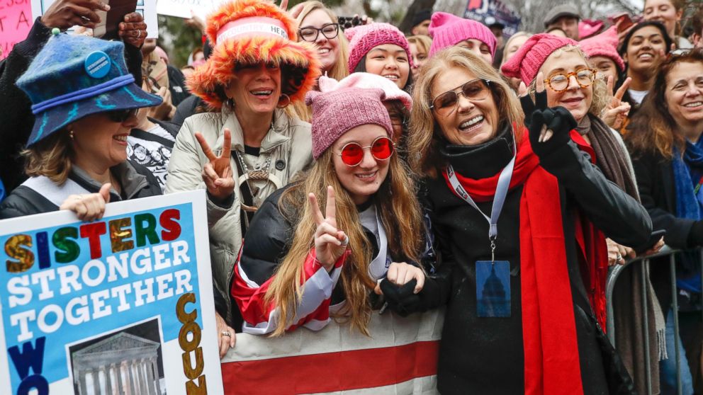 PHOTO: Gloria Steinem, center right, greets demonstrators at the barricades before speaking at the Women's March on Washington during the first full day of Donald Trump's presidency, Jan. 21, 2017 in Washington, D.C.  