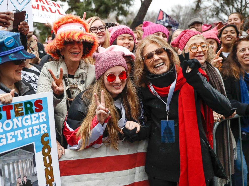 PHOTO: Gloria Steinem, center right, greets demonstrators at the barricades before speaking at the Womens March on Washington during the first full day of Donald Trumps presidency, Jan. 21, 2017 in Washington, D.C.