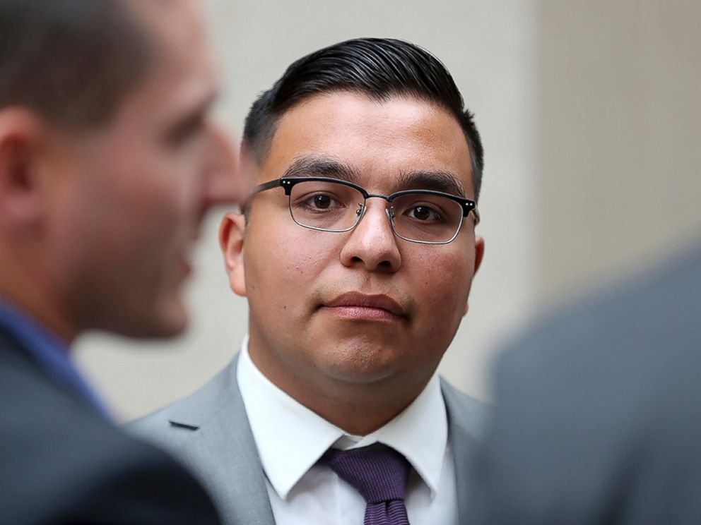 PHOTO: St. Anthony police officer Jeronimo Yanez stands outside the Ramsey County Courthouse, May 30, 2017, in St. Paul, Minn.