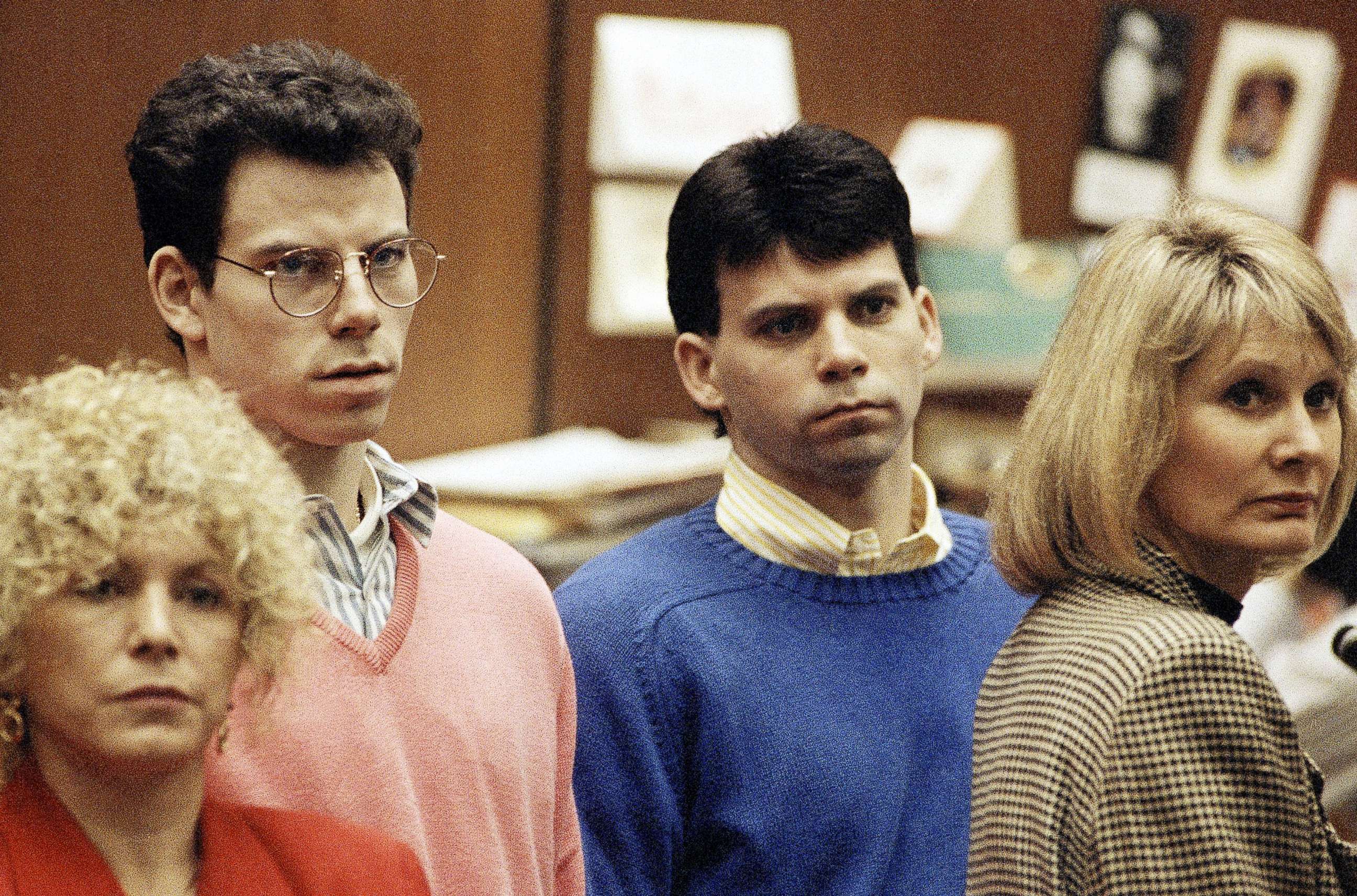 PHOTO: Lyle Menendez, right, and brother Erik listen to a charge of murder conspiracy against them, Dec. 29, 1992, in Los Angeles.