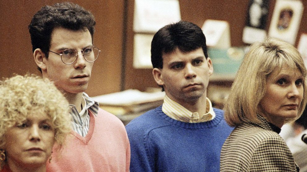 PHOTO: Lyle Menendez, right, and brother Erik listen to a charge of murder conspiracy against them, Dec. 29, 1992, in Los Angeles.
