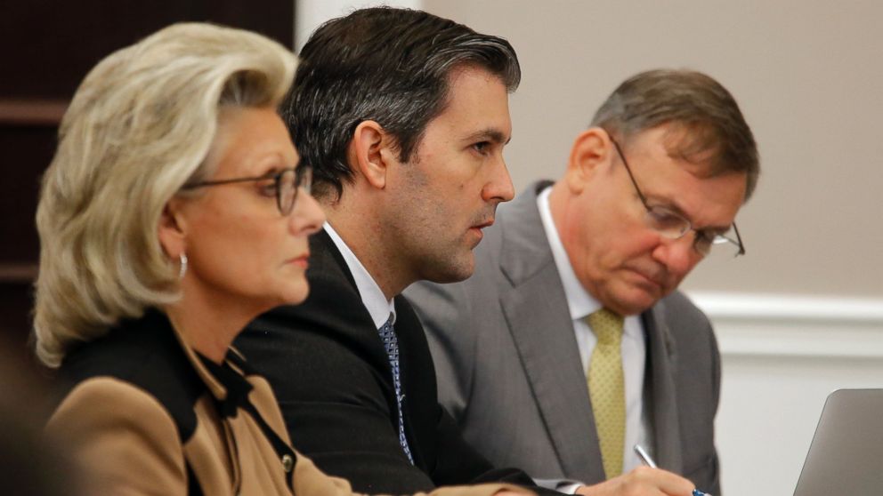 Former North Charleston Police Officer Michael Slager, second from right, sits at the defense table in the courtroom during his trial, Nov. 3, 2016, in Charleston, South Carolina. 