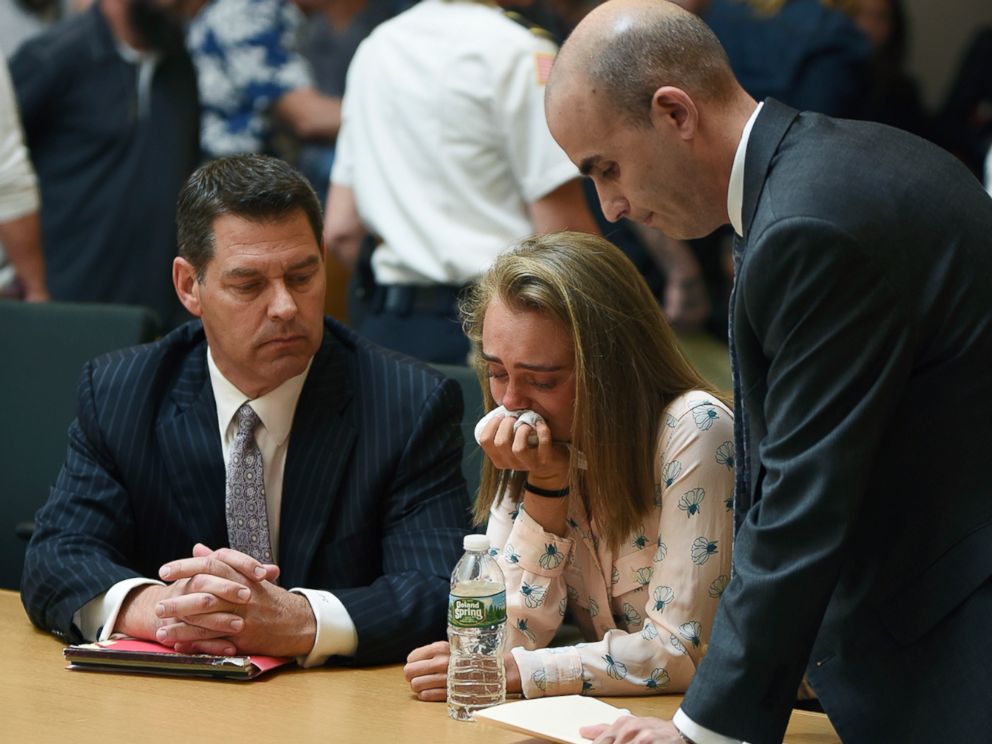 PHOTO: Michelle Carter cries while flanked by defense attorneys Joseph Cataldo, left, and Cory Madera, after being found guilty of involuntary manslaughter in the suicide of Conrad Roy III, June 16, 2017, in Bristol Juvenile Court in Taunton, Mass.