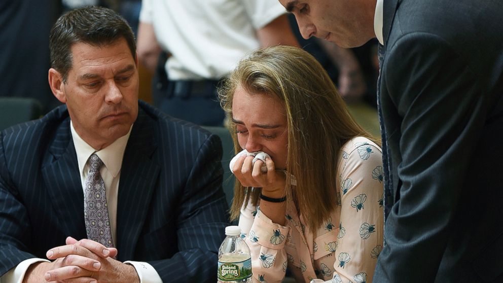 PHOTO: Michelle Carter cries while flanked by defense attorneys Joseph Cataldo, left, and Cory Madera, after being found guilty of involuntary manslaughter in the suicide of Conrad Roy III, June 16, 2017, in Bristol Juvenile Court in Taunton, Mass.