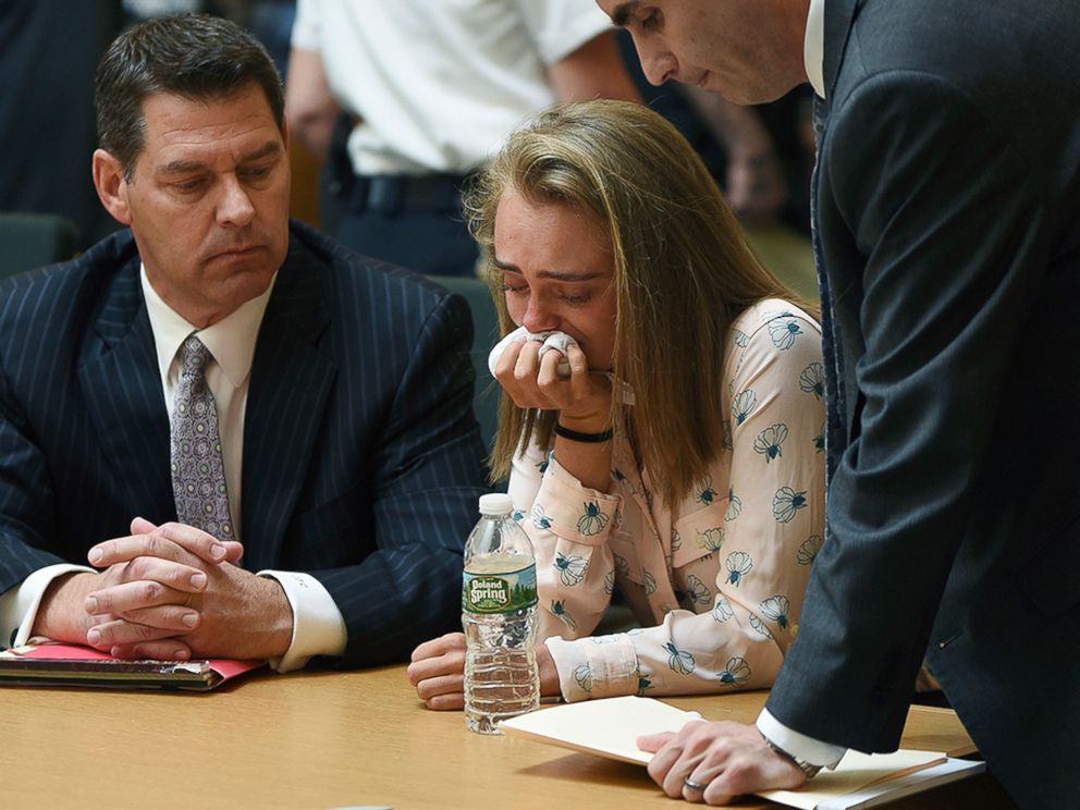 PHOTO: Michelle Carter cries while flanked by defense attorneys Joseph Cataldo, left, and Cory Madera, after being found guilty of involuntary manslaughter in the suicide of Conrad Roy III, June 16, 2017, in Bristol Juvenile Court in Taunton, Mass.