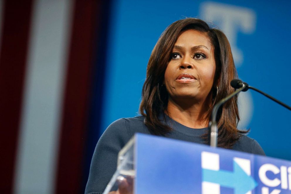 PHOTO: First lady Michelle Obama speaks during a campaign rally for Democratic presidential candidate Hillary Clinton in Manchester, N.H., Oct. 13, 2016.