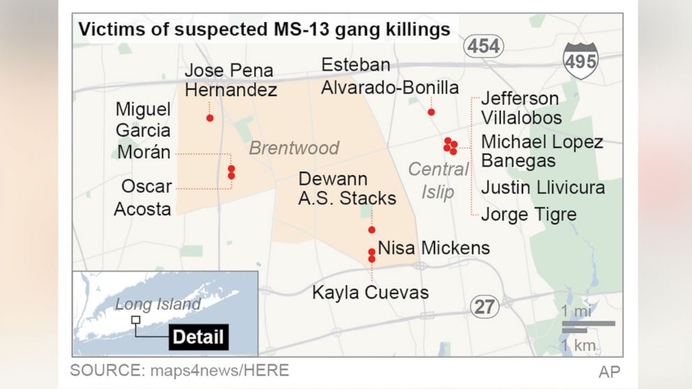 PHOTO: This map locates gang killings on Long Island, New York.