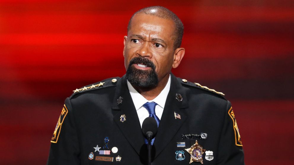 PHOTO: Milwaukee County, Wis. Sheriff David Clarke speaks at the Republican National Convention in Cleveland, July 18, 2016. 