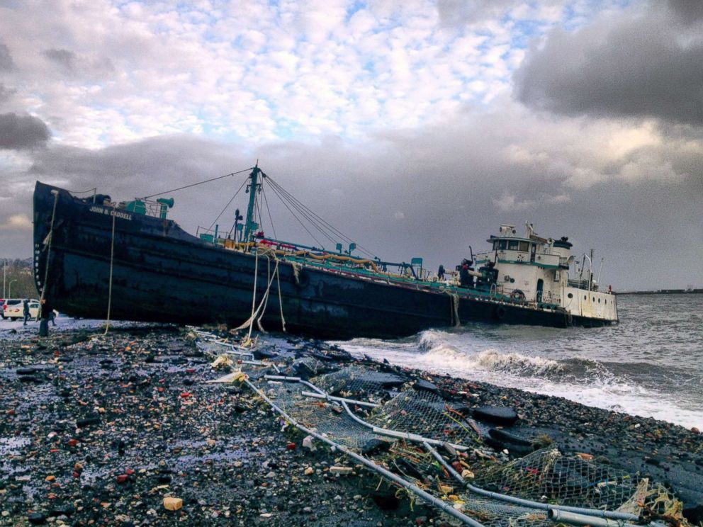 PHOTO: A 168-foot water tanker, the John B. Caddell, sits on the shore, Oct. 30, 2012 where it ran aground on Front Street in the Stapleton neighborhood of New York's Staten Island as a result of Superstorm Sandy. 