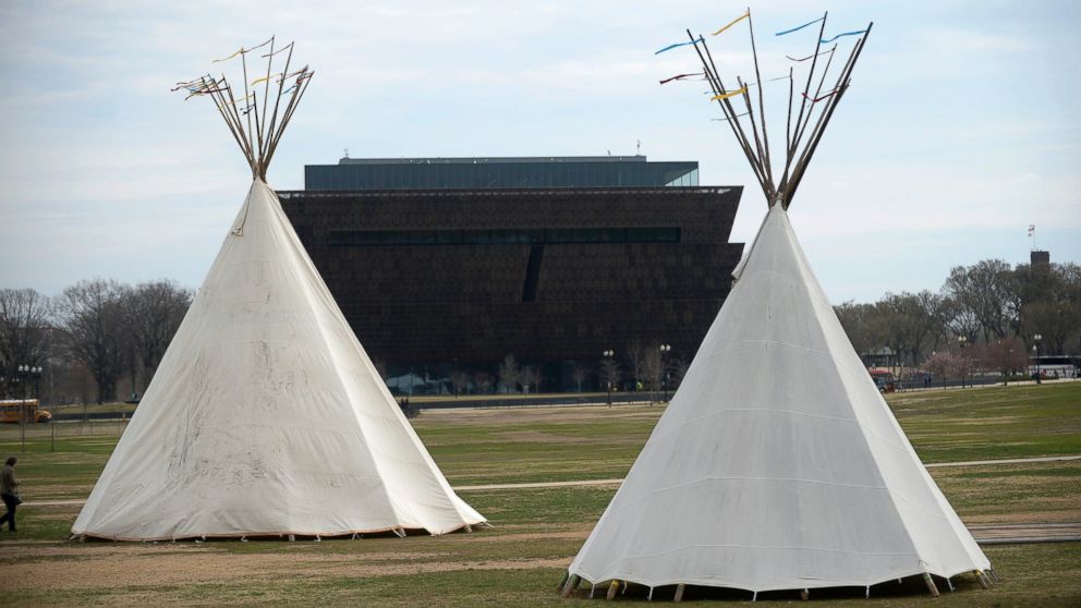 PHOTO: Native Americans set up a tipi camp on the grounds of the Washington Monument in front of the White House, March 7, 2017, in Washington.