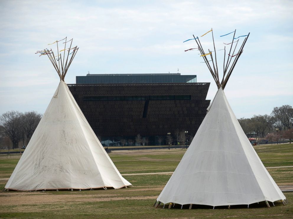 PHOTO: Native Americans set up a tipi camp on the grounds of the Washington Monument in front of the White House, March 7, 2017, in Washington.
