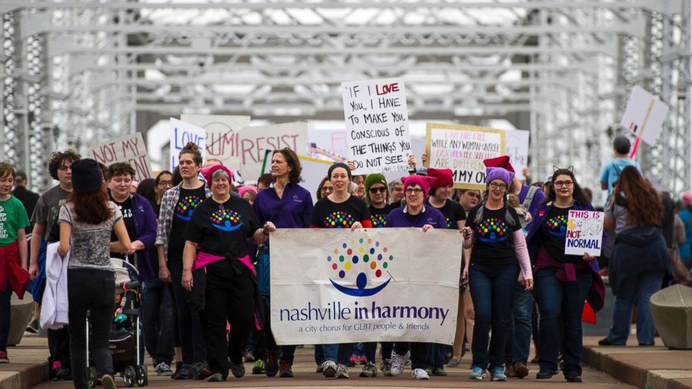 PHOTO: Demonstrators depart from the John Seigenthaler Pedestrian Bridge during a march in solidarity with the Women's March on Washington, Jan. 21, 2017, in Nashville, Tennessee.
