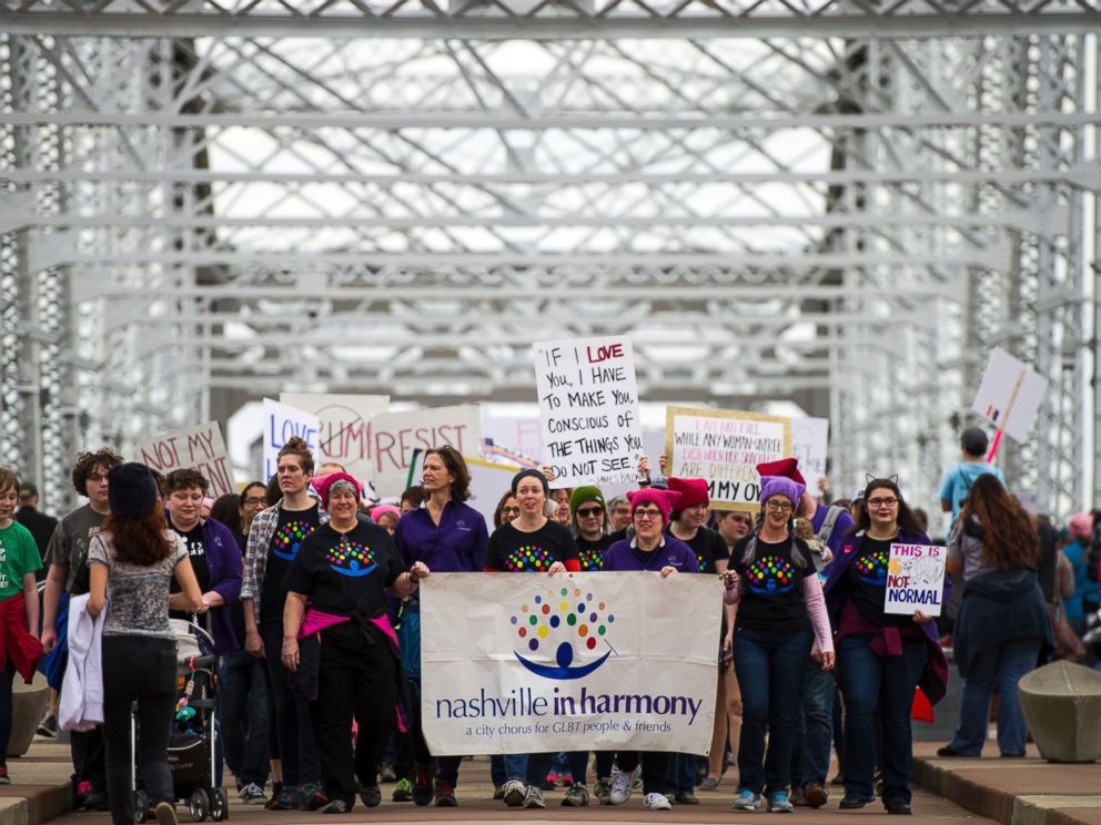 PHOTO: Demonstrators depart from the John Seigenthaler Pedestrian Bridge during a march in solidarity with the Women's March on Washington, Jan. 21, 2017, in Nashville, Tennessee. 