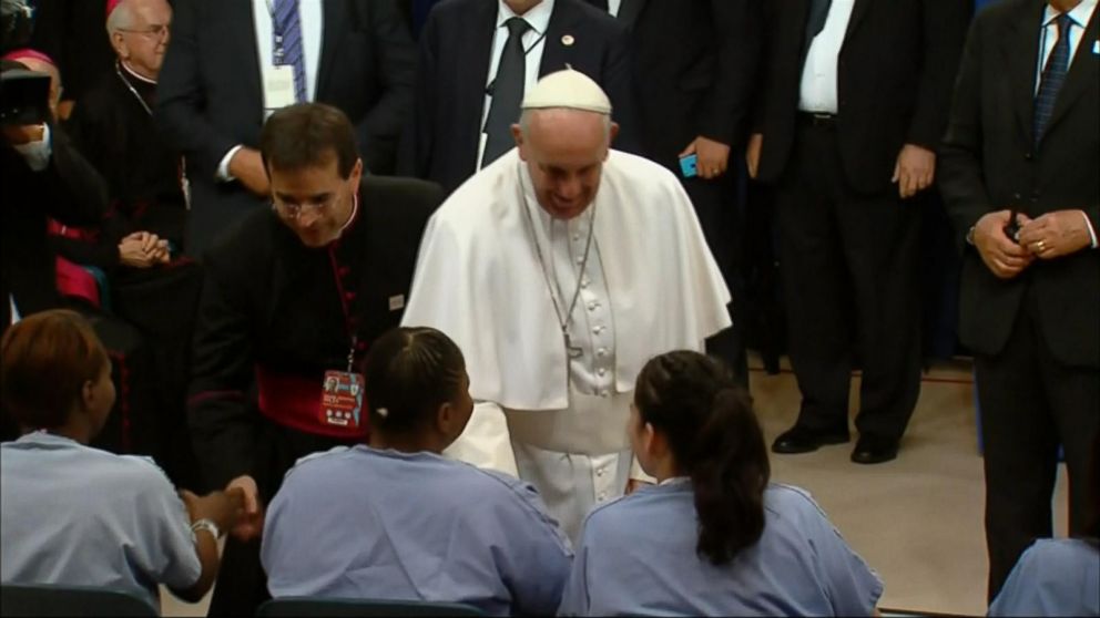 PHOTO: Pope Francis shakes hands with prisoners at Curran-Fromhold Correctional Facility in Philadelphia, Sept. 27, 2015.