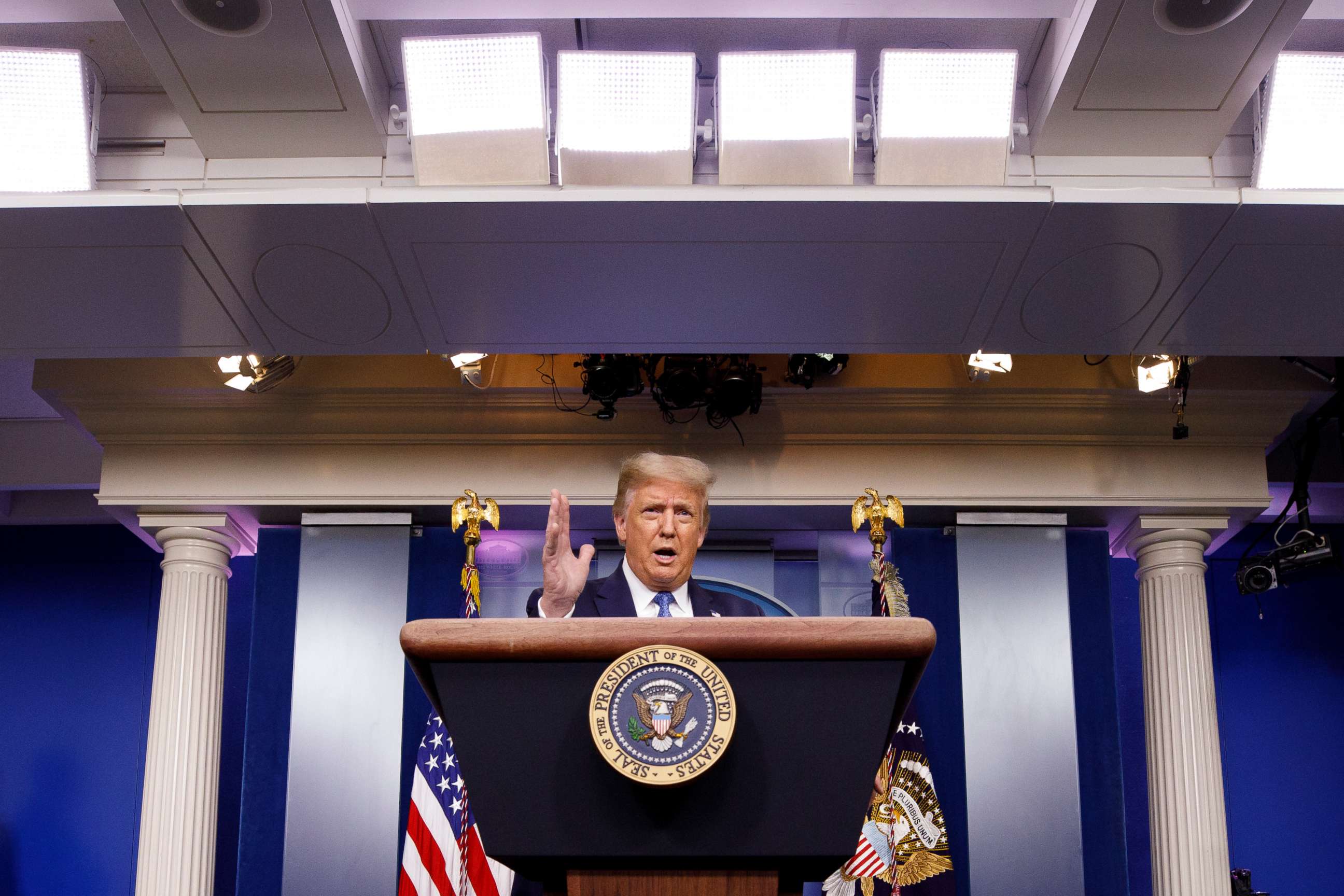 PHOTO: President Donald Trump speaks during a news conference at the White House, Wednesday, July 22, 2020, in Washington.