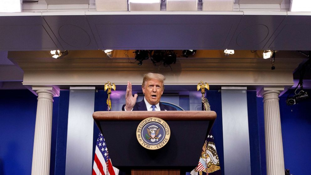 PHOTO: President Donald Trump speaks during a news conference at the White House, Wednesday, July 22, 2020, in Washington.