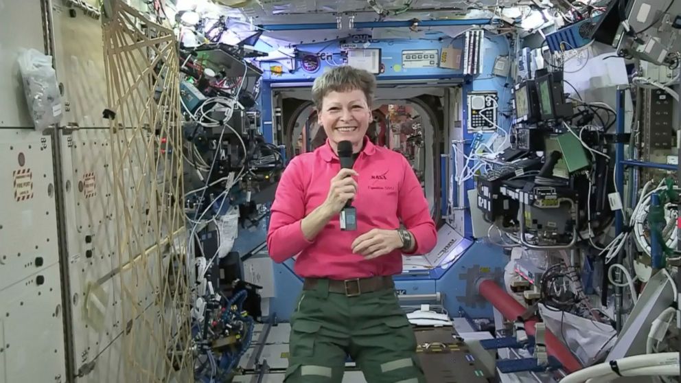 PHOTO: In this Thursday, April 13, 2017 image from video made available by NASA, astronaut Peggy Whitson speaks during an interview aboard the International Space Station.