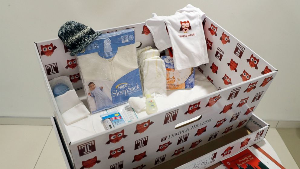 PHOTO: Displayed is a baby box at Temple University Hospital in Philadelphia on May 6, 2016. In an effort to reduce infant mortality the boxes which are functioning bassinets complete with essential baby supplies will be given to all mothers.