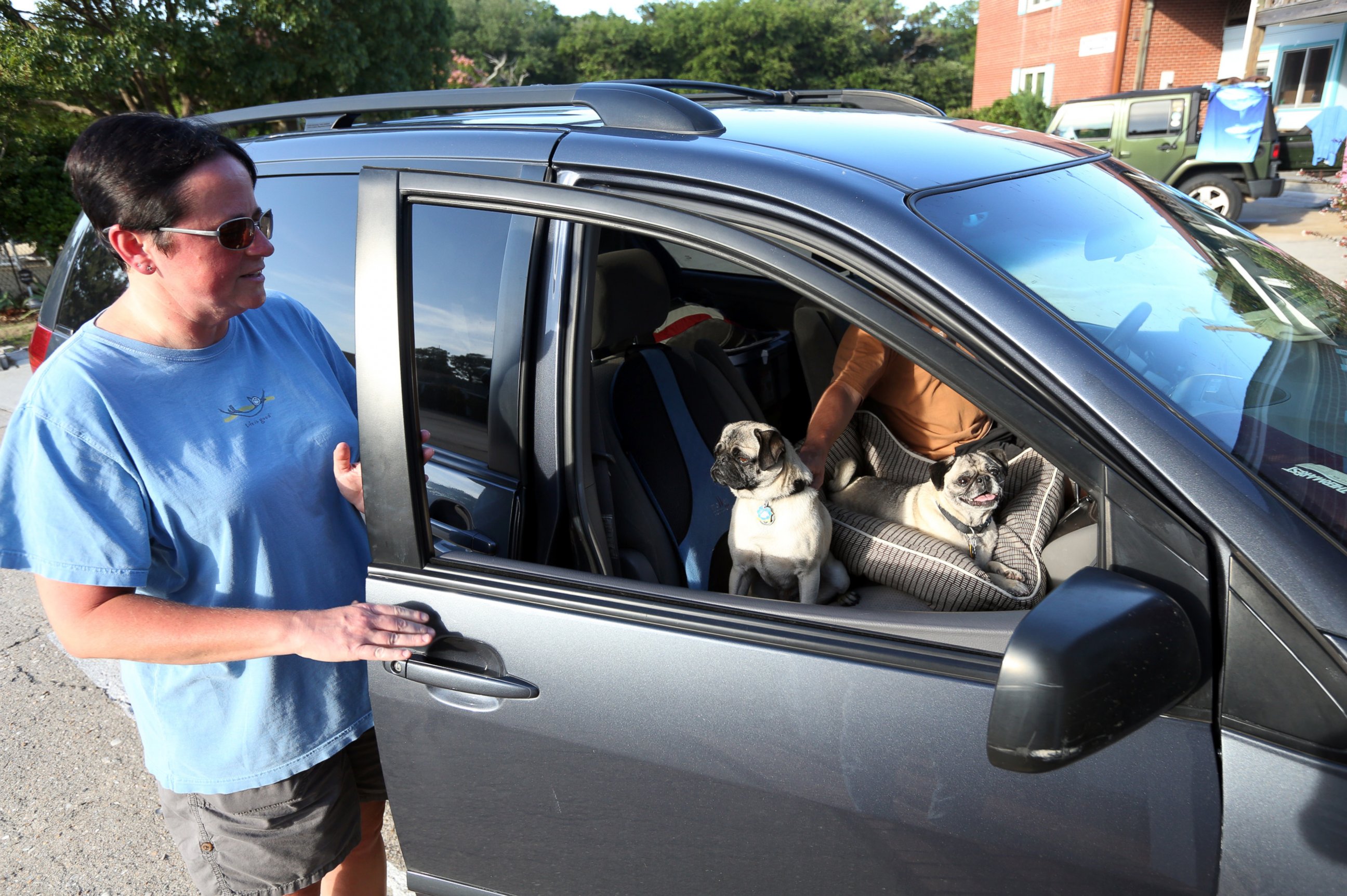 PHOTO: Susan Holbrook climbs into her car with husband Steve Kozlowski and her two pugs to leave Hatteras Island, N.C., July 2, 2014.