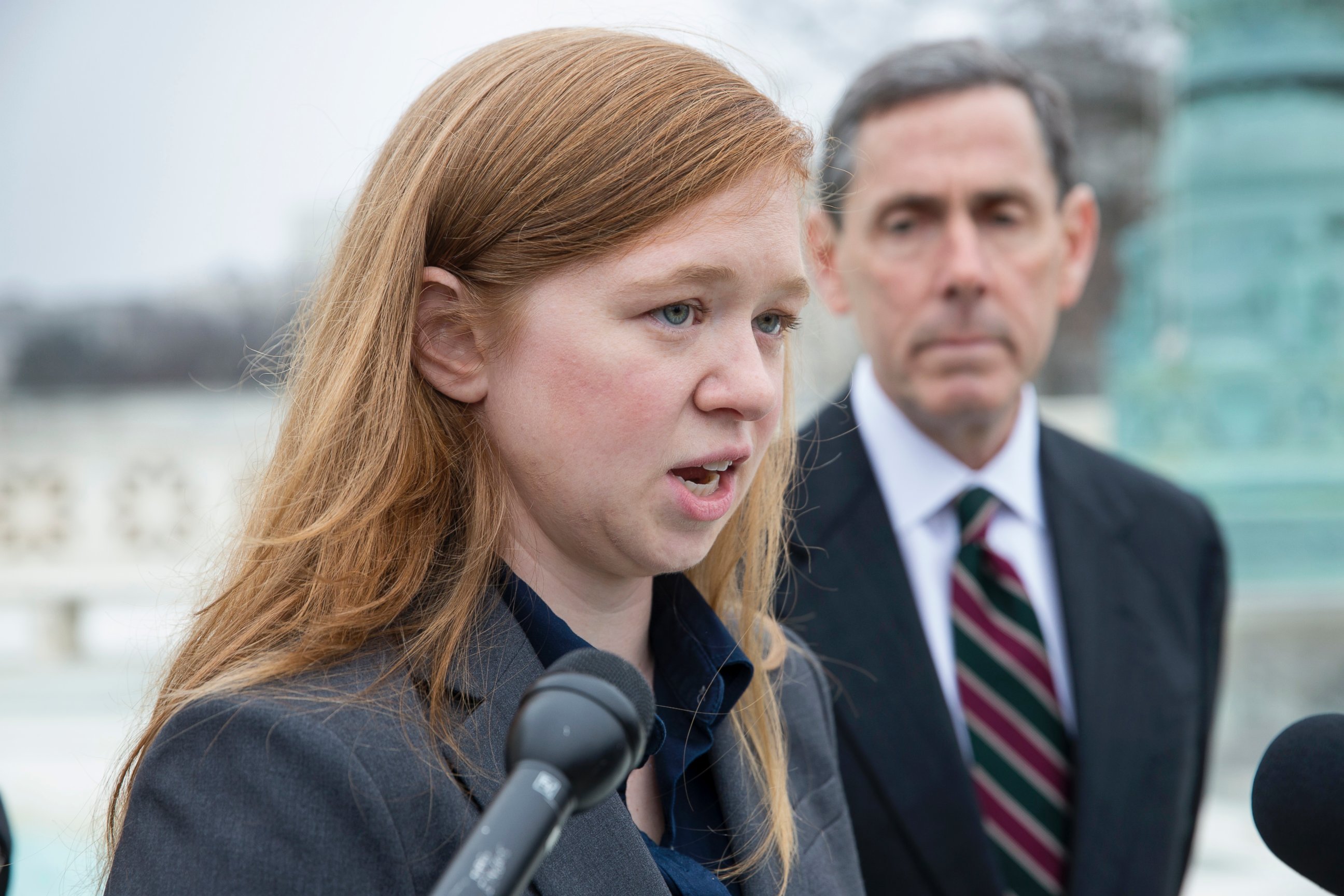 PHOTO: Abigail Fisher, who challenged the use of race in college admissions, joined by lawyer Edward Blum, right, speaks to reporters outside the Supreme Court in Washington, Dec. 9, 2015.