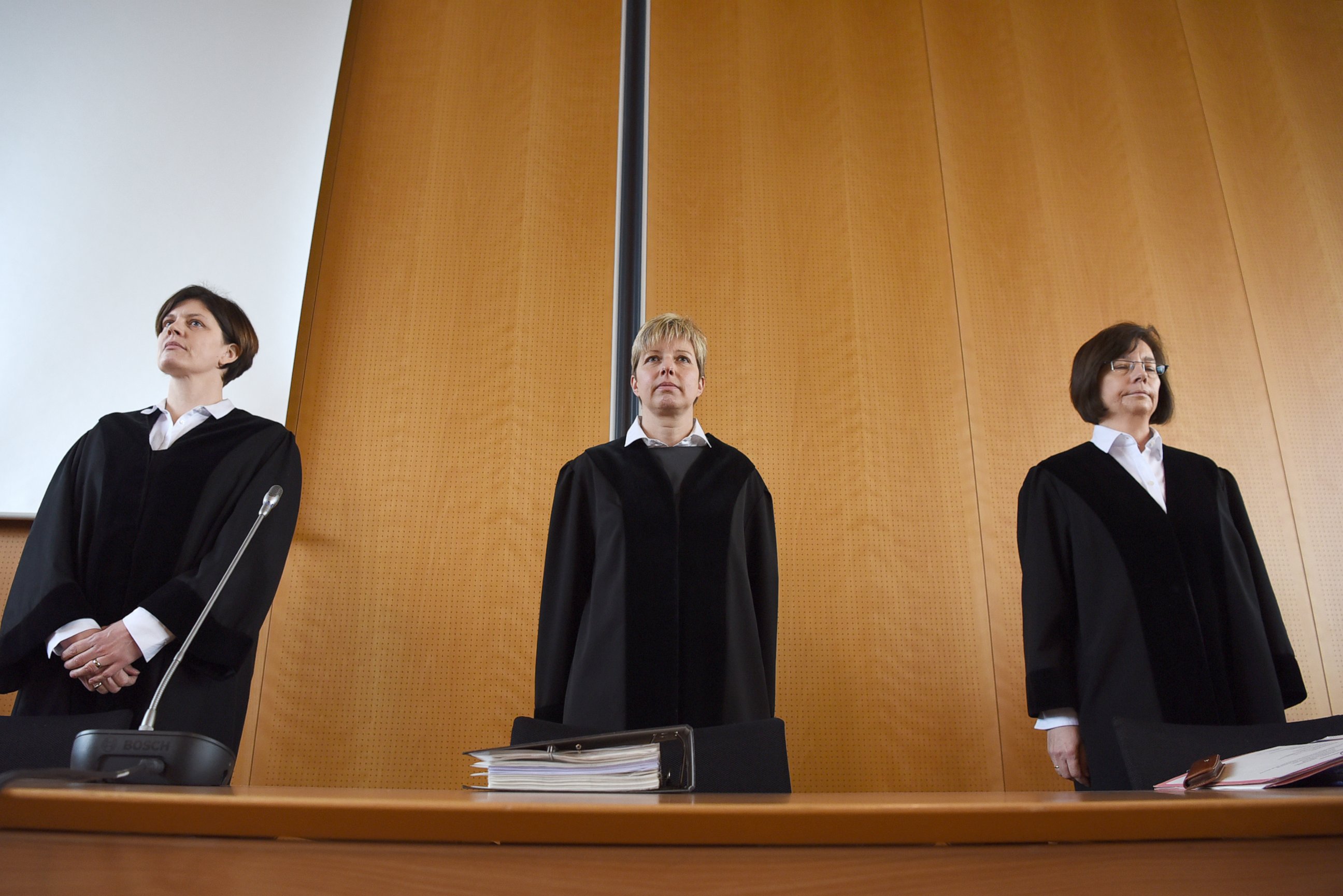 PHOTO: Preseding judge Anke Grudda, center, and judges Sabine Tegethoff-Drabe, left, and Sylvia Suermann, right, are pictured prior to the opening of the trial against a former Auschwitz guard at court in Detmold, Germany, Feb. 11, 2016. 