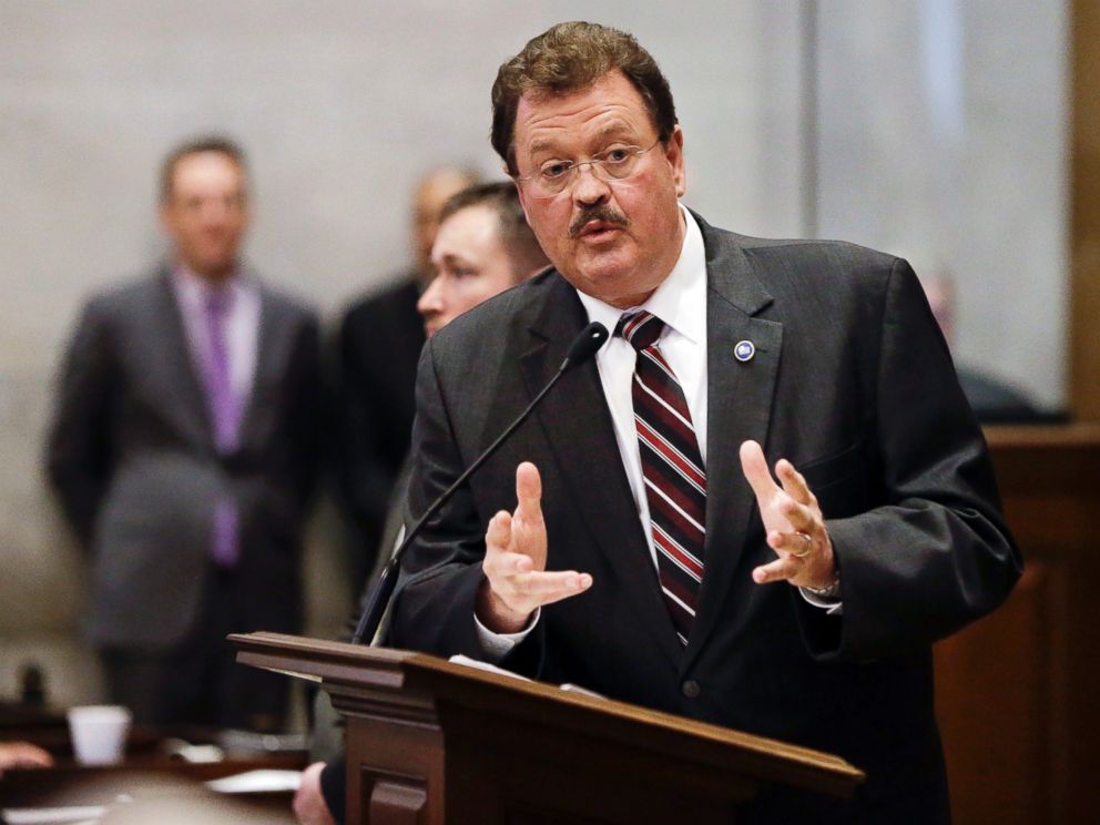 PHOTO: Rep. Jerry Sexton, R-Bean Station, speaks in favor of overriding Gov. Bill Haslam's veto of Sexton's bill seeking to make the Bible the state's official book, April 20, 2016, in Nashville, Tennessee. The House voted not to override the veto. 